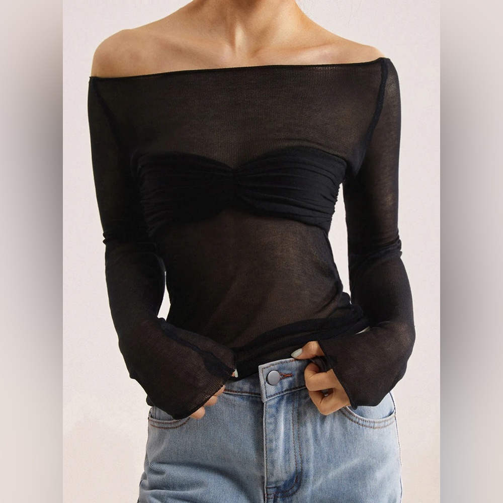 Birdies Black Sheer Off-Shoulder Long Sleeve Top